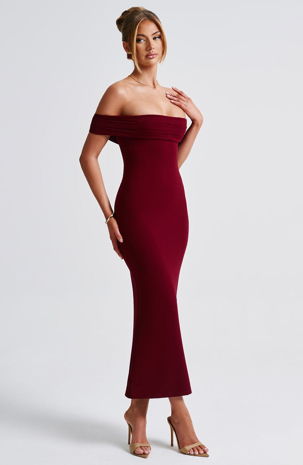 Women's Midi Dress - Luxurious Stretch Crepe, Pleated Bardot Neckline, Fit-and-Flare | Burgundy