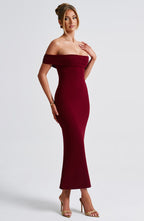 Women's Midi Dress - Luxurious Stretch Crepe, Pleated Bardot Neckline, Fit-and-Flare | Burgundy