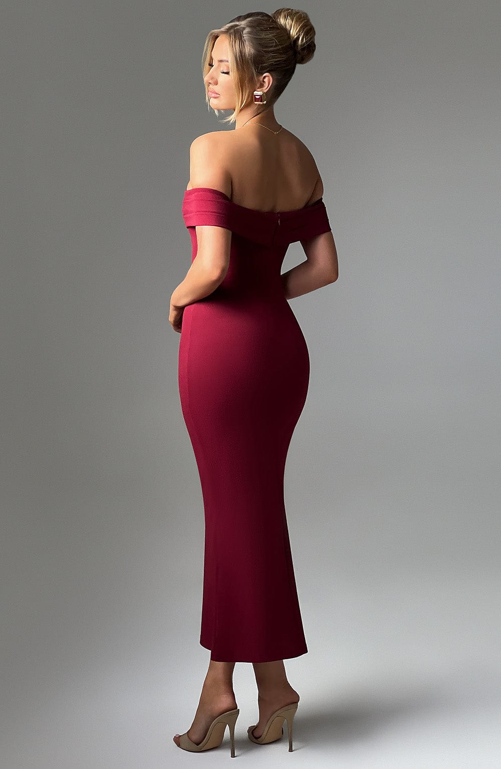 Women's Midi Dress - Luxurious Stretch Crepe, Pleated Bardot Neckline, Fit-and-Flare | Burgundy