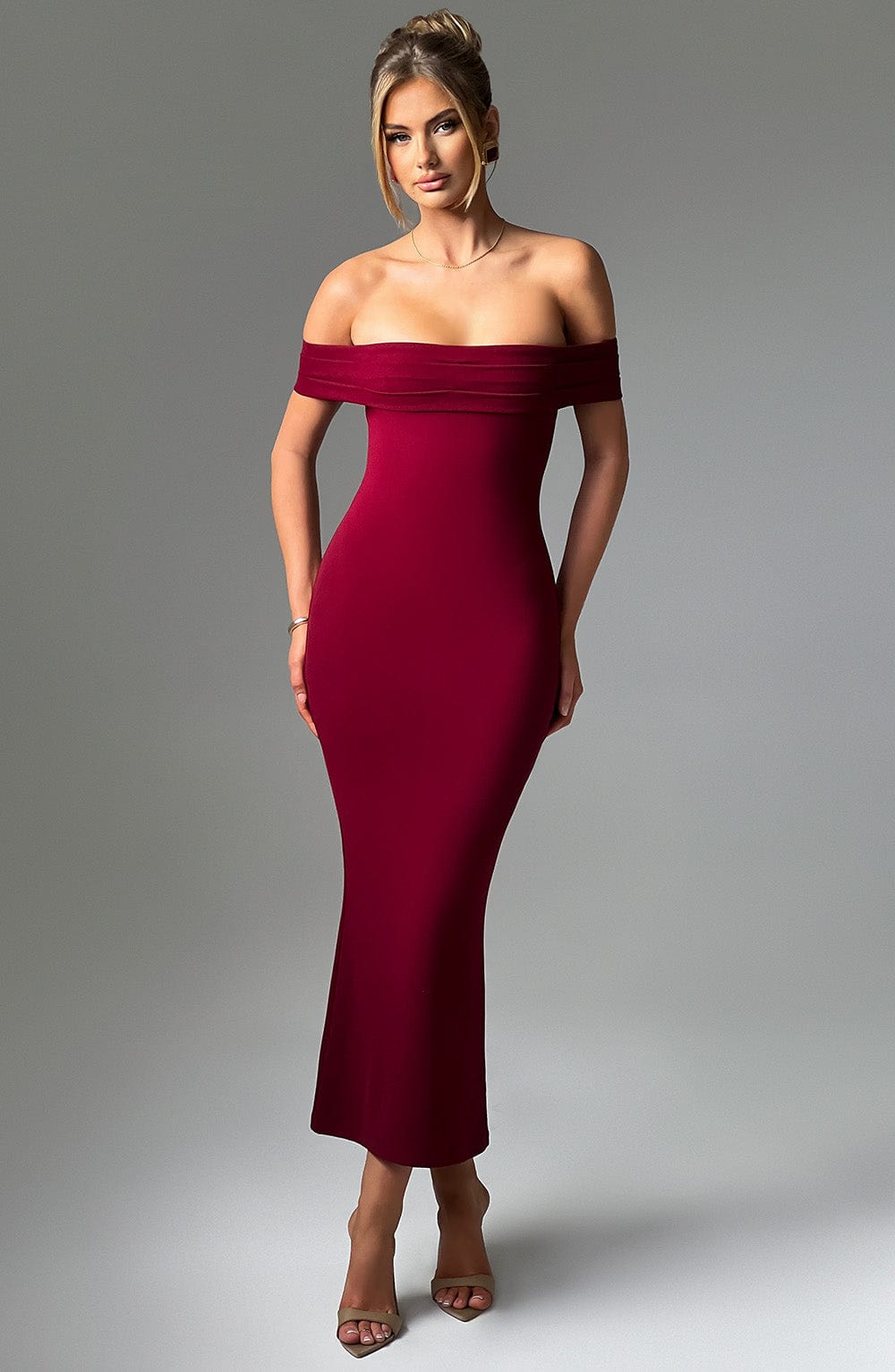 Women's Midi Dress - Luxurious Stretch Crepe, Pleated Bardot Neckline, Fit-and-Flare | Burgundy