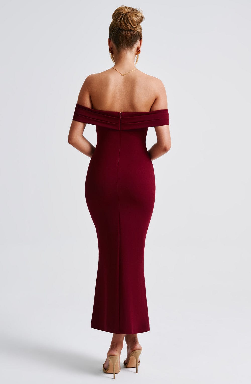 Women's Midi Dress - Luxurious Stretch Crepe, Pleated Bardot Neckline, Fit-and-Flare | Burgundy