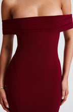 Women's Midi Dress - Luxurious Stretch Crepe, Pleated Bardot Neckline, Fit-and-Flare | Burgundy