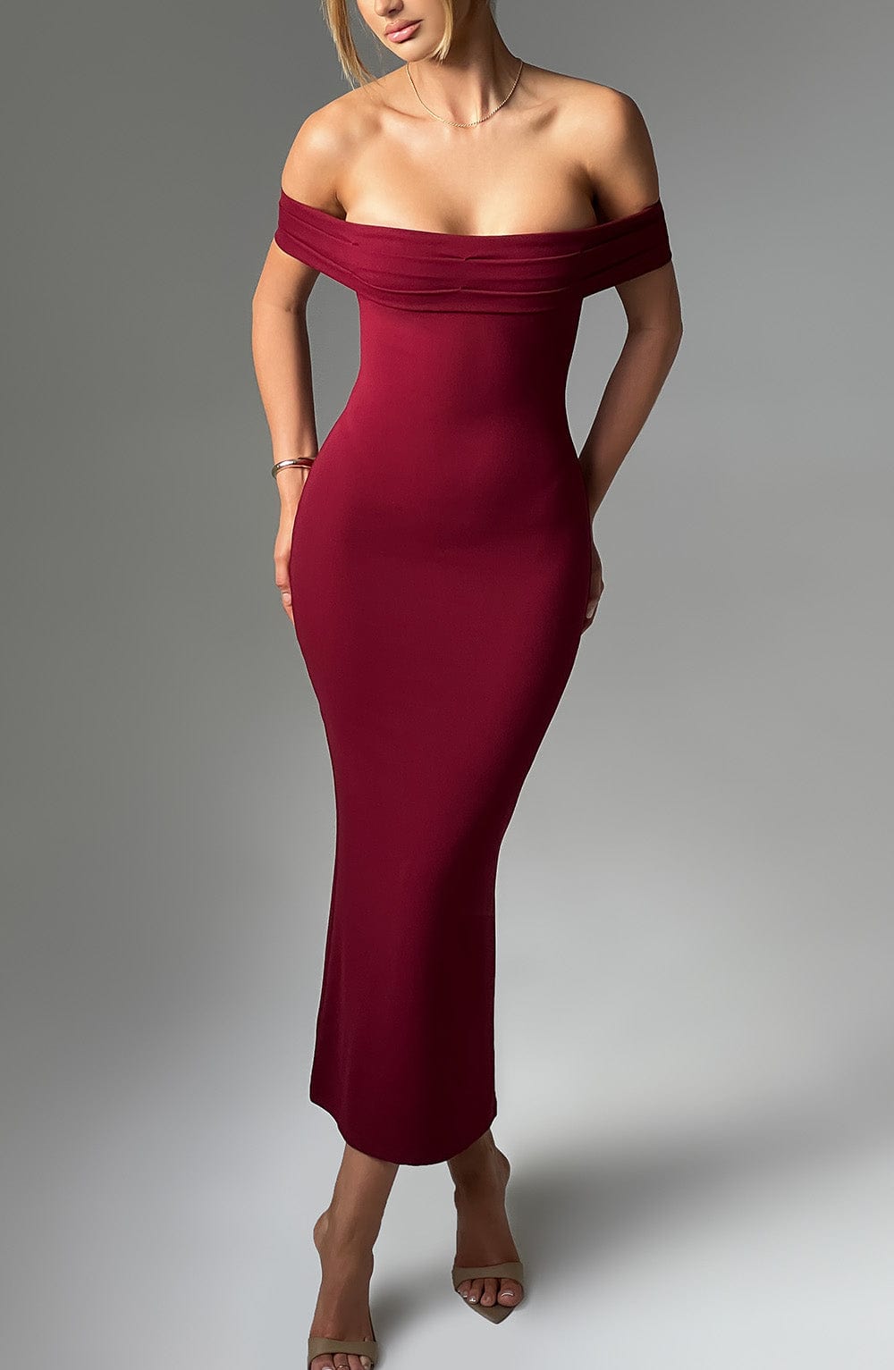 Women's Midi Dress - Luxurious Stretch Crepe, Pleated Bardot Neckline, Fit-and-Flare | Burgundy