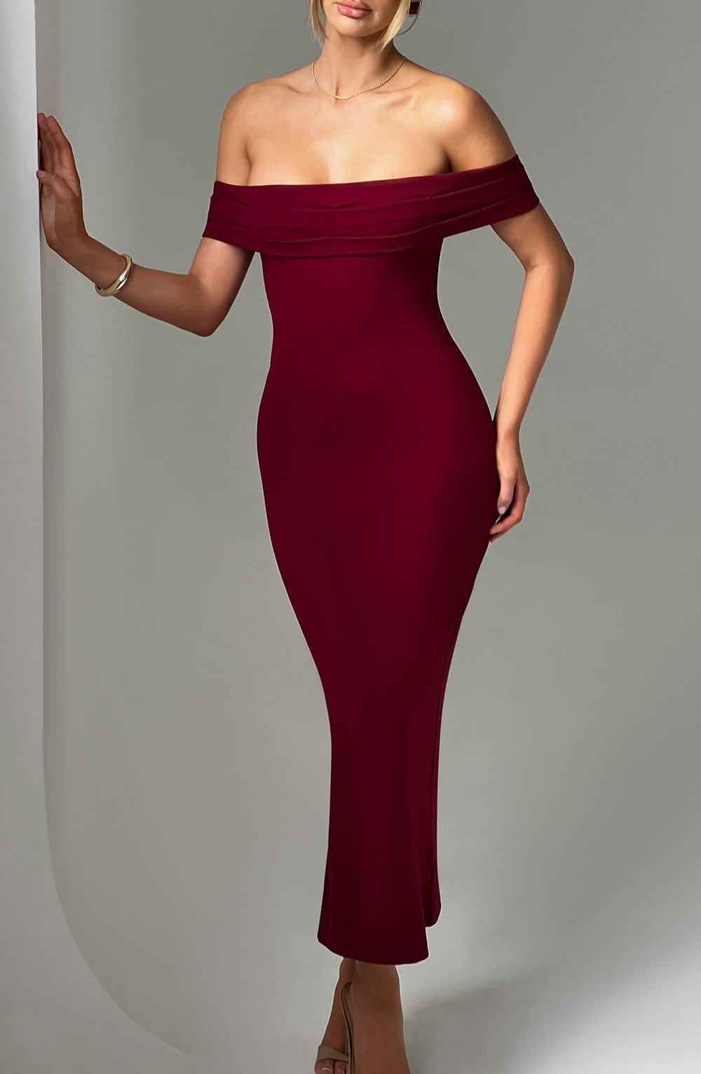 Women's Midi Dress - Luxurious Stretch Crepe, Pleated Bardot Neckline, Fit-and-Flare | Burgundy