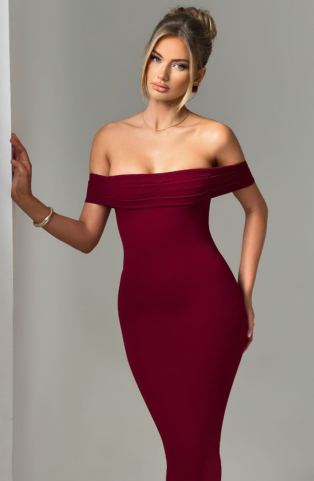 Women's Midi Dress - Luxurious Stretch Crepe, Pleated Bardot Neckline, Fit-and-Flare | Burgundy