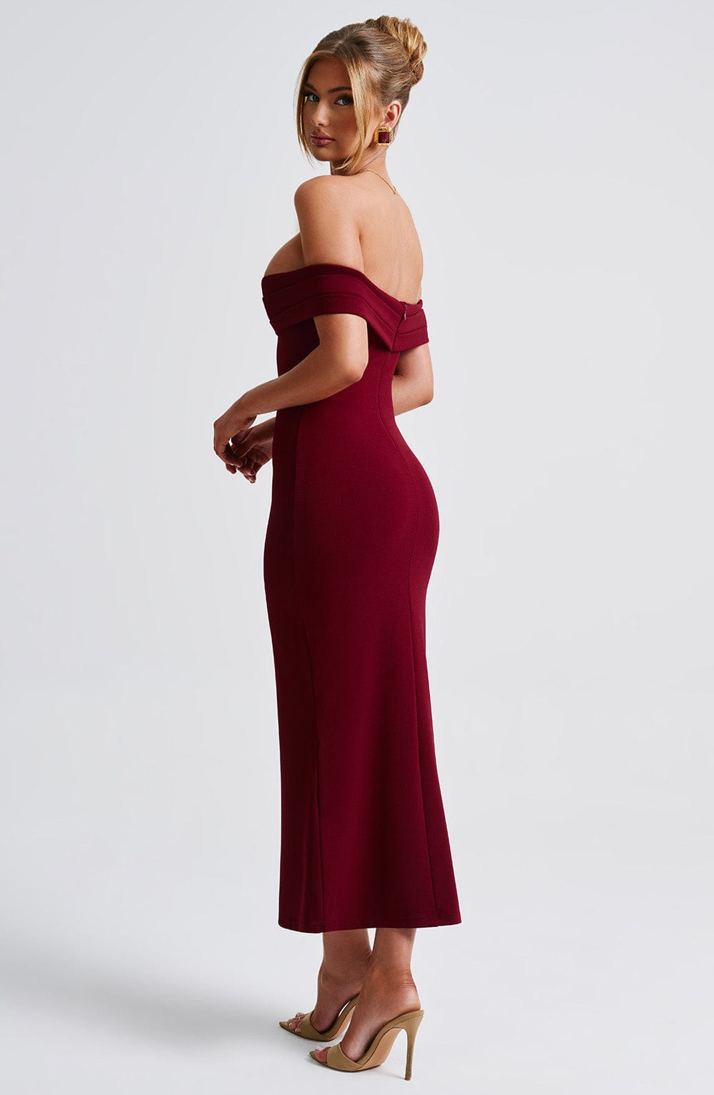 Women's Midi Dress - Luxurious Stretch Crepe, Pleated Bardot Neckline, Fit-and-Flare | Burgundy