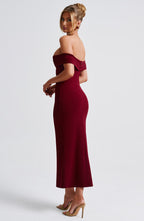 Women's Midi Dress - Luxurious Stretch Crepe, Pleated Bardot Neckline, Fit-and-Flare | Burgundy
