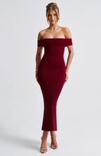 Women's Midi Dress - Luxurious Stretch Crepe, Pleated Bardot Neckline, Fit-and-Flare | Burgundy