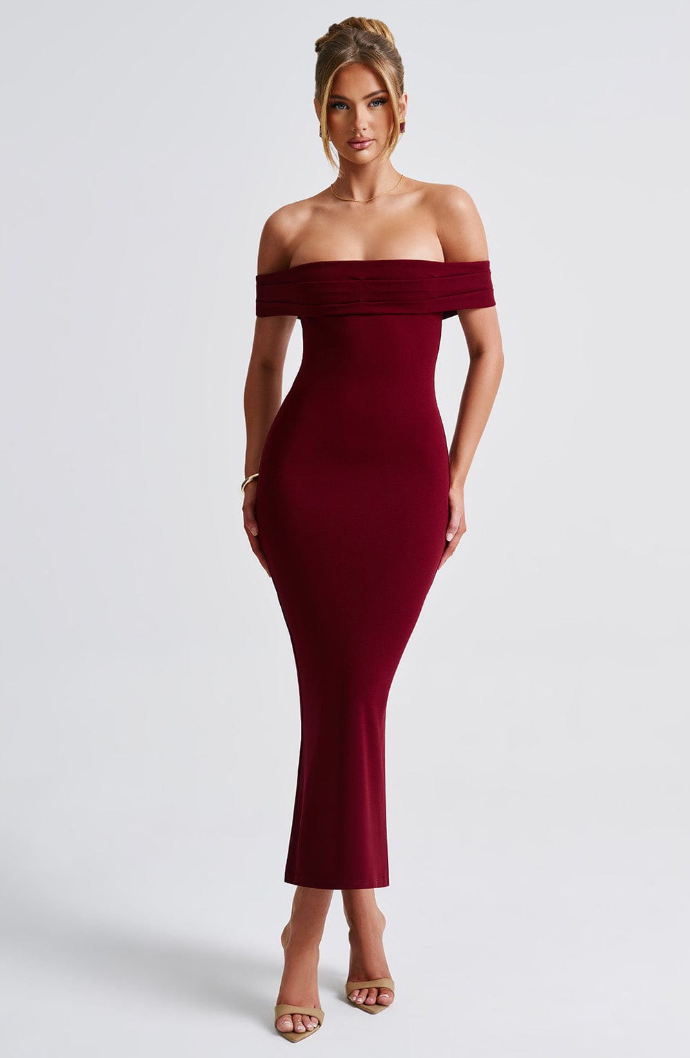 Women's Midi Dress - Luxurious Stretch Crepe, Pleated Bardot Neckline, Fit-and-Flare | Burgundy