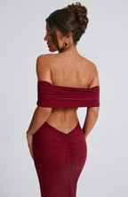 Women's Off-the-Shoulder Maxi Dress with Ruched Open Back - Elegant Evening Wear | Burgundy