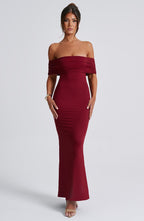 Women's Off-the-Shoulder Maxi Dress with Ruched Open Back - Elegant Evening Wear | Burgundy