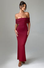 Women's Off-the-Shoulder Maxi Dress with Ruched Open Back - Elegant Evening Wear | Burgundy