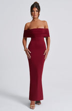 Women's Off-the-Shoulder Maxi Dress with Ruched Open Back - Elegant Evening Wear | Burgundy