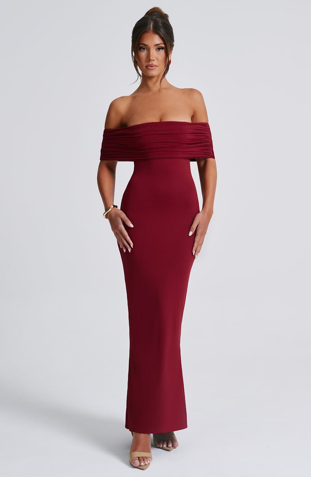 Women's Off-the-Shoulder Maxi Dress with Ruched Open Back - Elegant Evening Wear | Burgundy