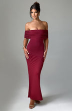 Women's Off-the-Shoulder Maxi Dress with Ruched Open Back - Elegant Evening Wear | Burgundy