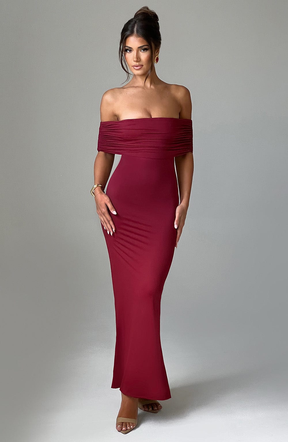 Women's Off-the-Shoulder Maxi Dress with Ruched Open Back - Elegant Evening Wear | Burgundy