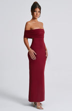 Women's Off-the-Shoulder Maxi Dress with Ruched Open Back - Elegant Evening Wear | Burgundy