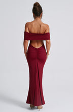 Women's Off-the-Shoulder Maxi Dress with Ruched Open Back - Elegant Evening Wear | Burgundy