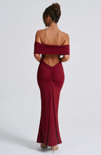 Women's Off-the-Shoulder Maxi Dress with Ruched Open Back - Elegant Evening Wear | Burgundy