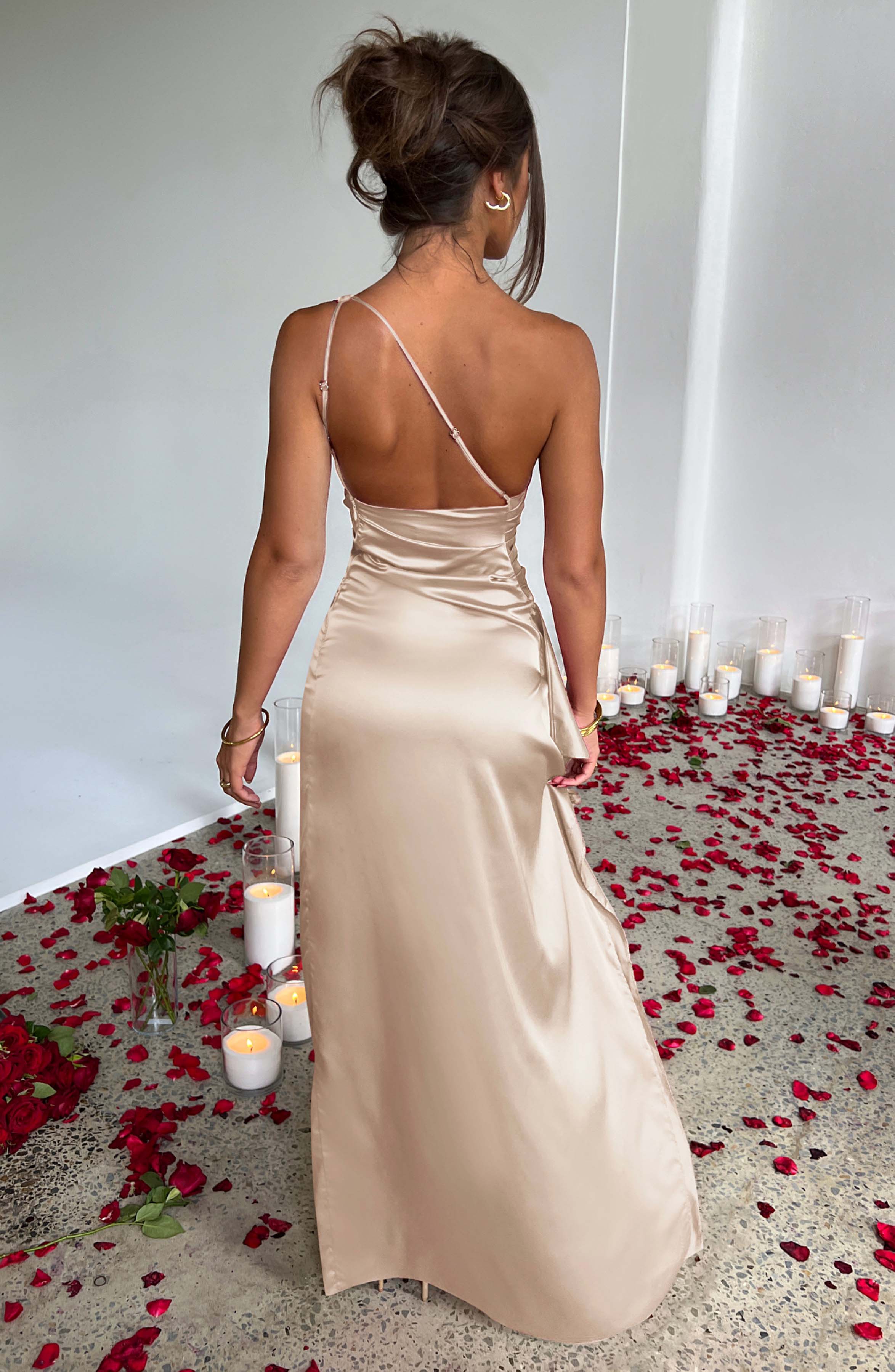 Women's One Shoulder Maxi Dress with Thigh High Split - Luxury Satin Gown | Beige