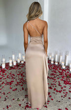 Women's One Shoulder Maxi Dress with Thigh High Split - Luxury Satin Gown | Beige