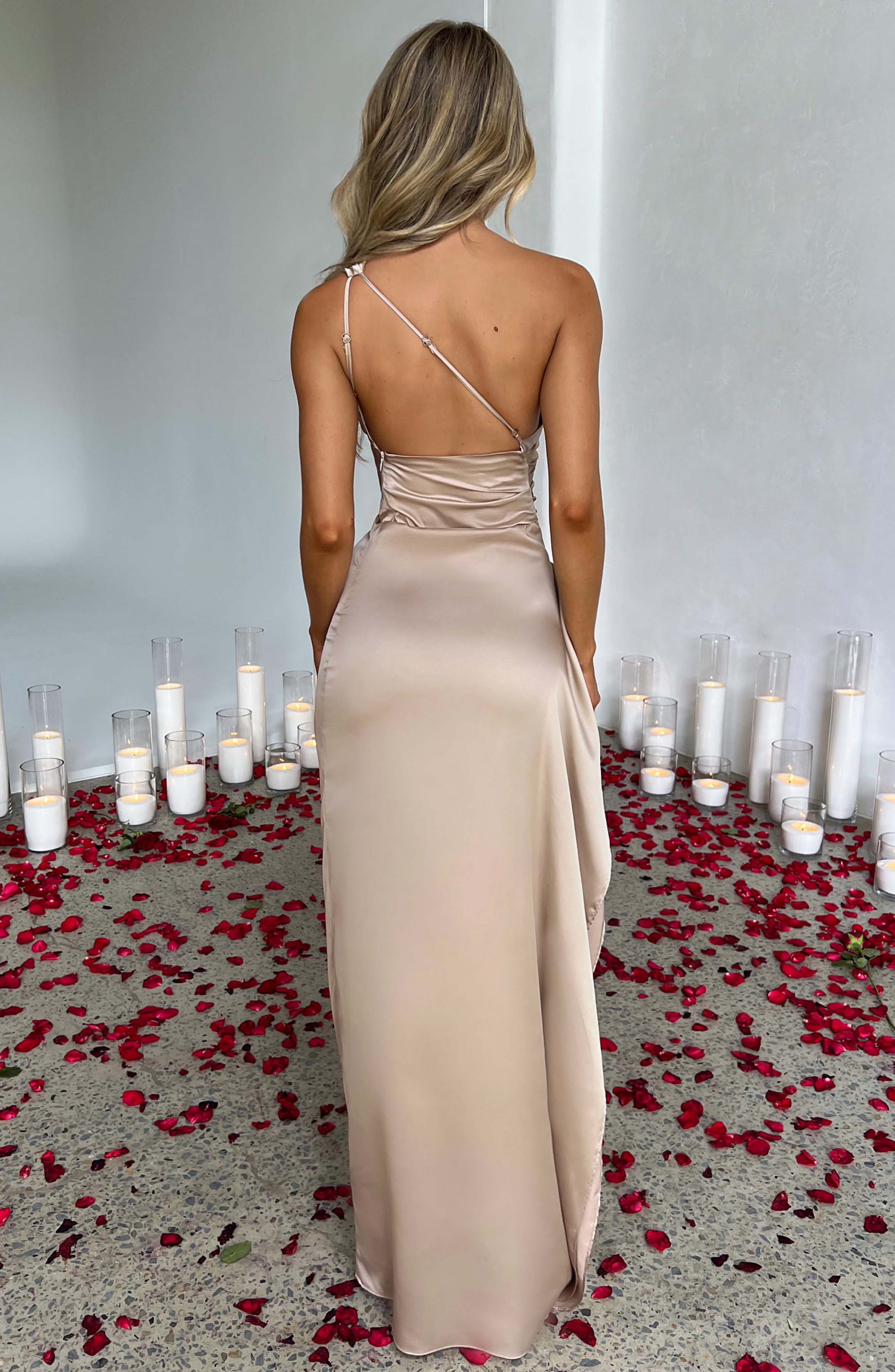 Women's One Shoulder Maxi Dress with Thigh High Split - Luxury Satin Gown | Beige