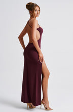 Women's Maxi Dress - Luxurious Stretch Crepe, Scoop Neckline, Thigh-High Split | Cherry