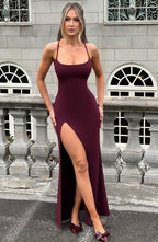 Women's Maxi Dress - Luxurious Stretch Crepe, Scoop Neckline, Thigh-High Split | Cherry