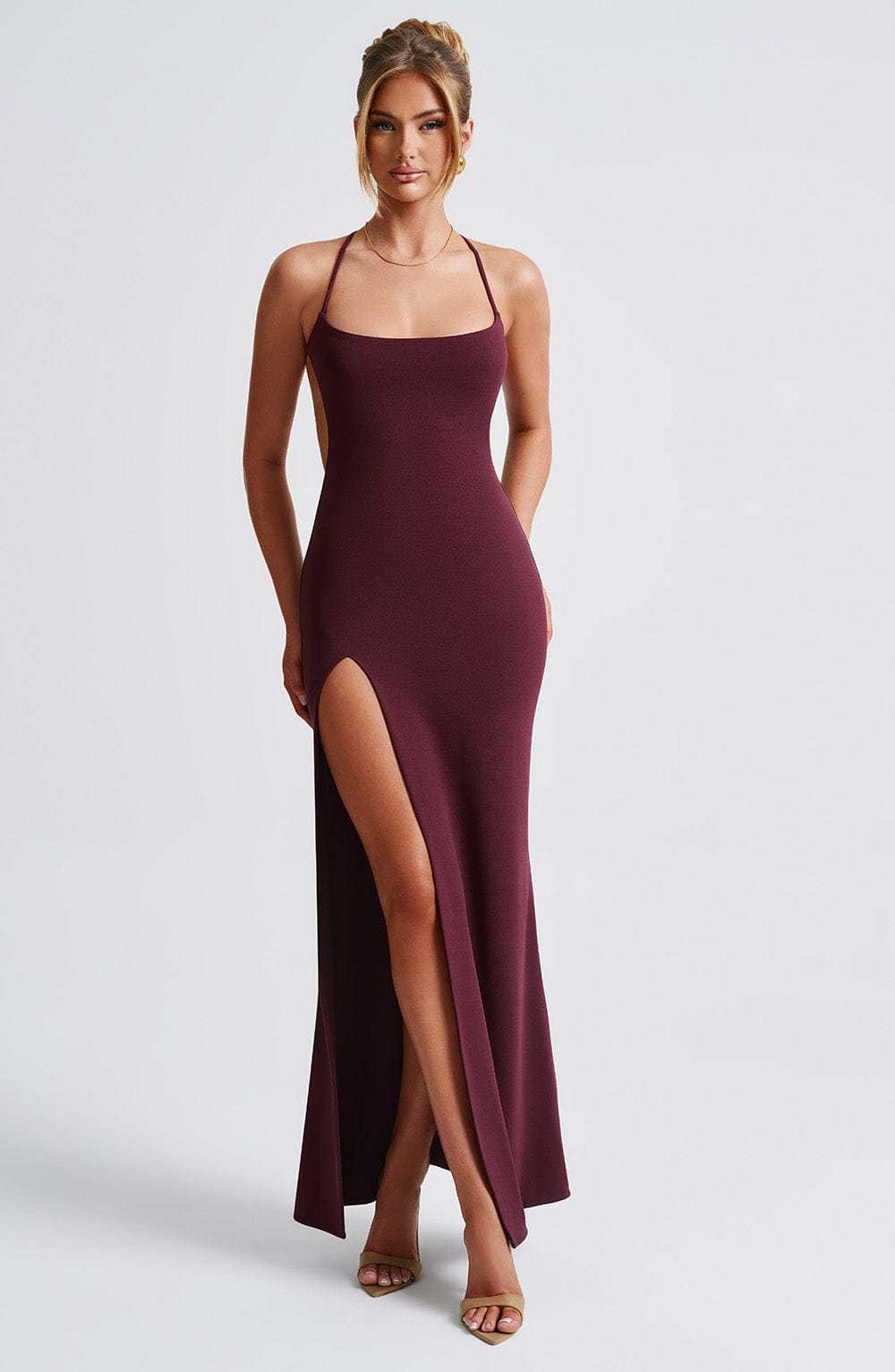 Women's Maxi Dress - Luxurious Stretch Crepe, Scoop Neckline, Thigh-High Split | Cherry