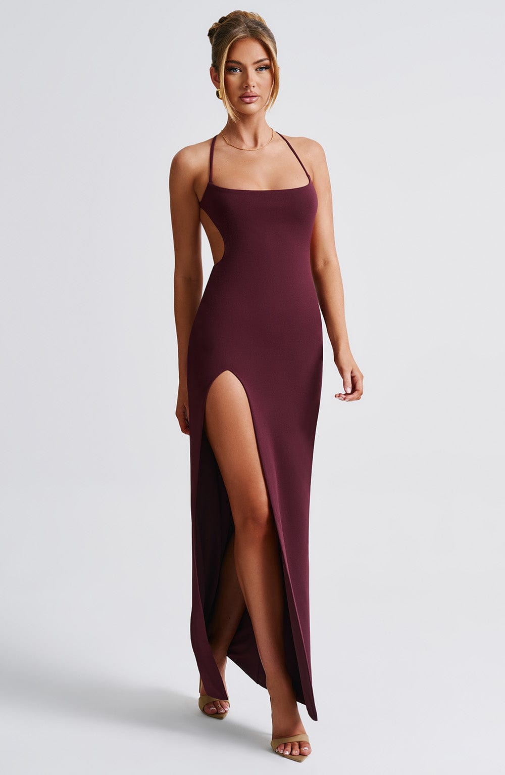Women's Maxi Dress - Luxurious Stretch Crepe, Scoop Neckline, Thigh-High Split | Cherry