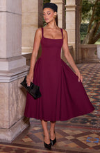 Midi Dress for Women - Elegant Square Neckline, Godet Skirt, Adjustable Straps | Cherry L