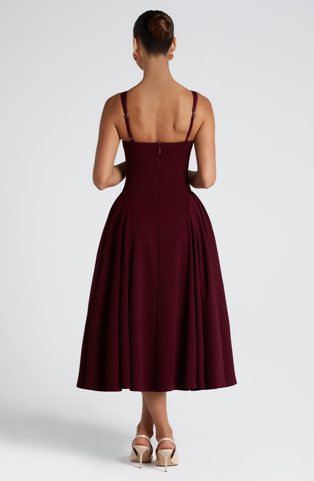 Midi Dress for Women - Elegant Square Neckline, Godet Skirt, Adjustable Straps | Cherry