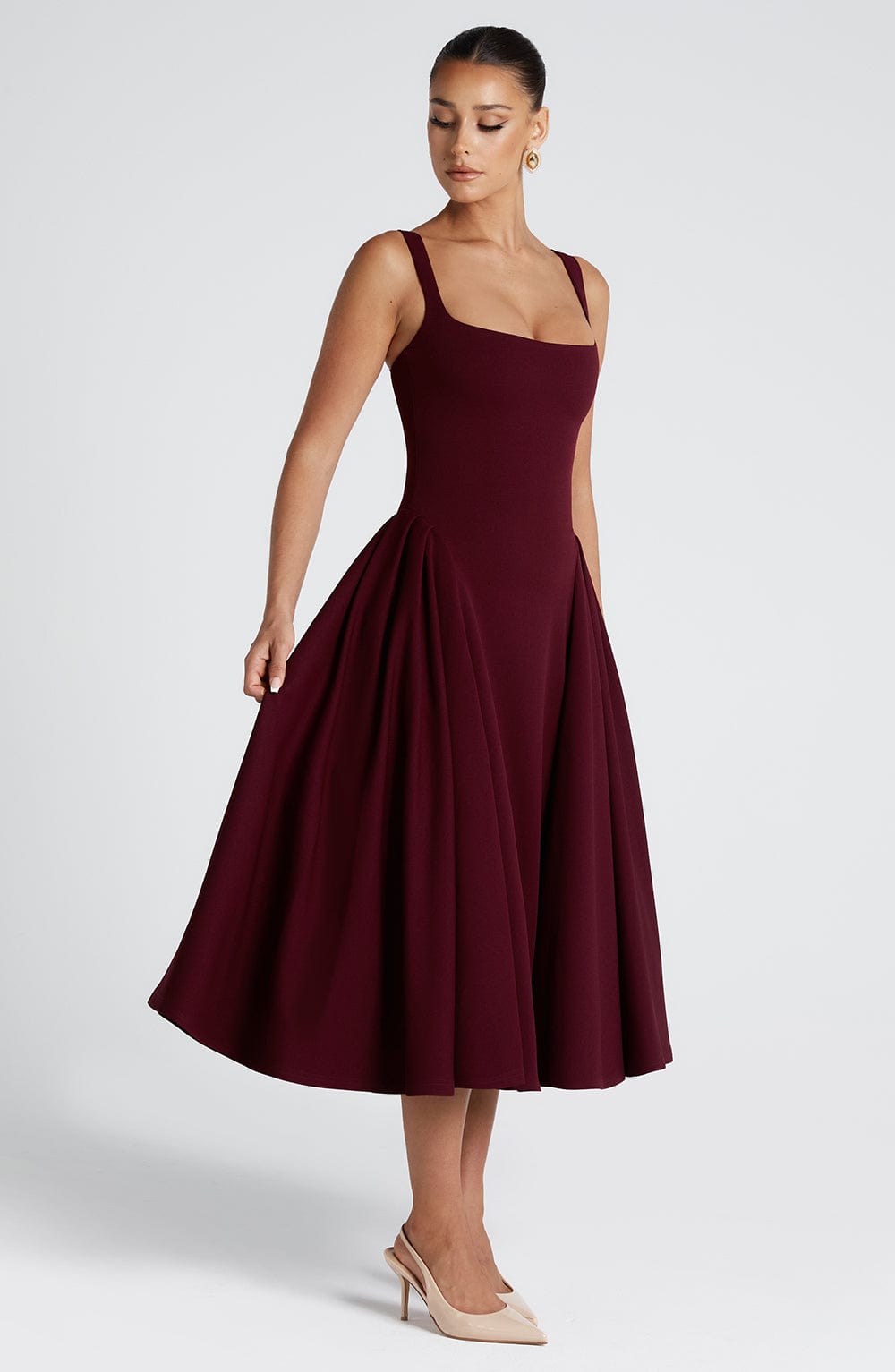Midi Dress for Women - Elegant Square Neckline, Godet Skirt, Adjustable Straps | Cherry