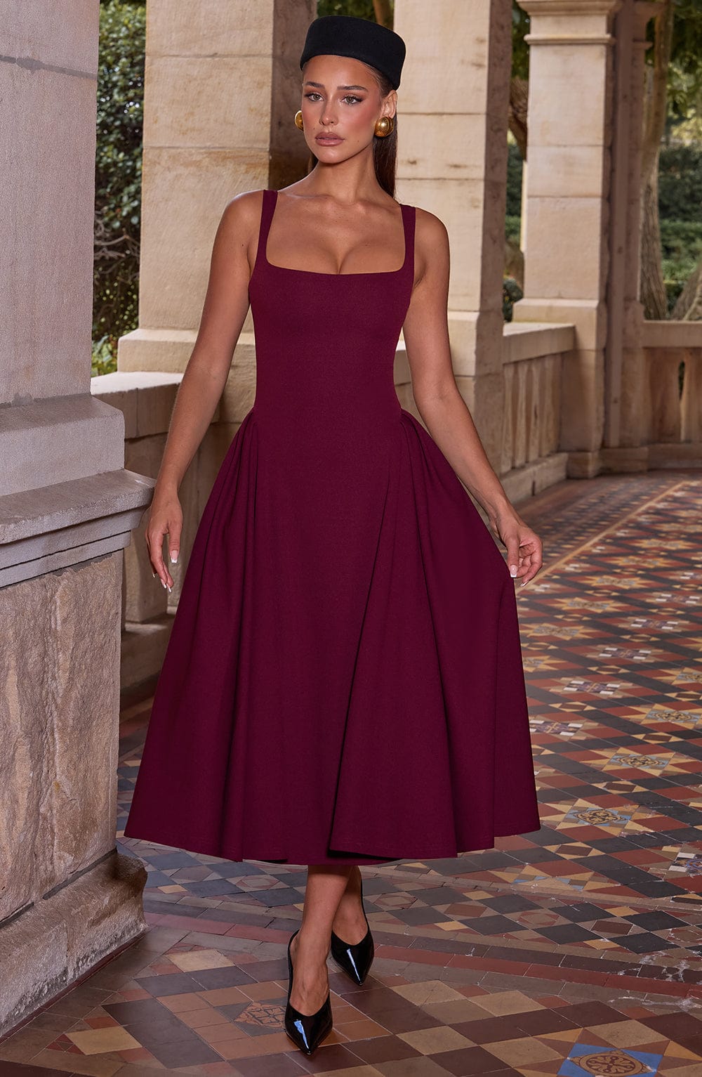 Midi Dress for Women - Elegant Square Neckline, Godet Skirt, Adjustable Straps | Cherry