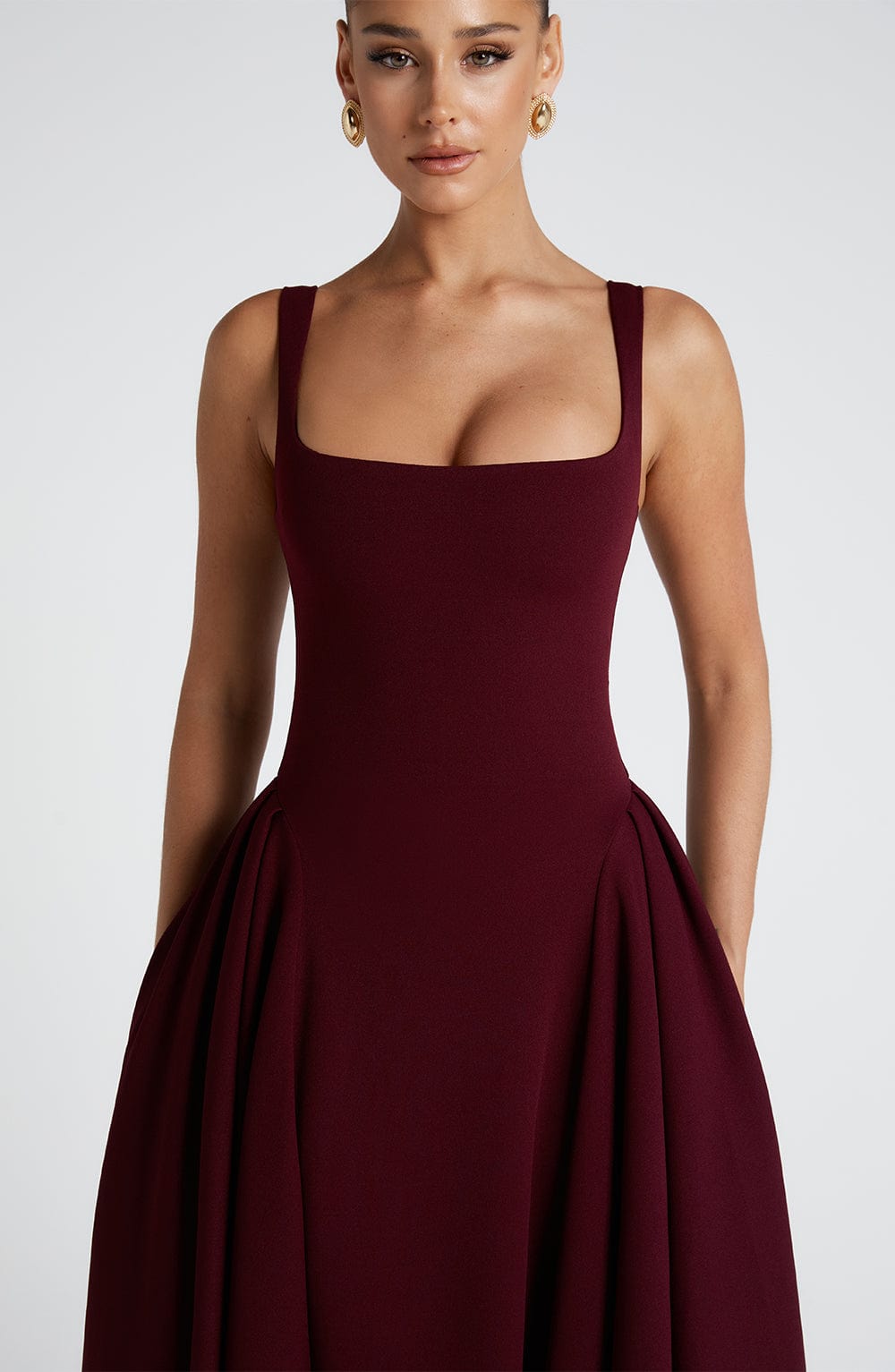 Midi Dress for Women - Elegant Square Neckline, Godet Skirt, Adjustable Straps | Cherry