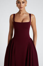 Midi Dress for Women - Elegant Square Neckline, Godet Skirt, Adjustable Straps | Cherry