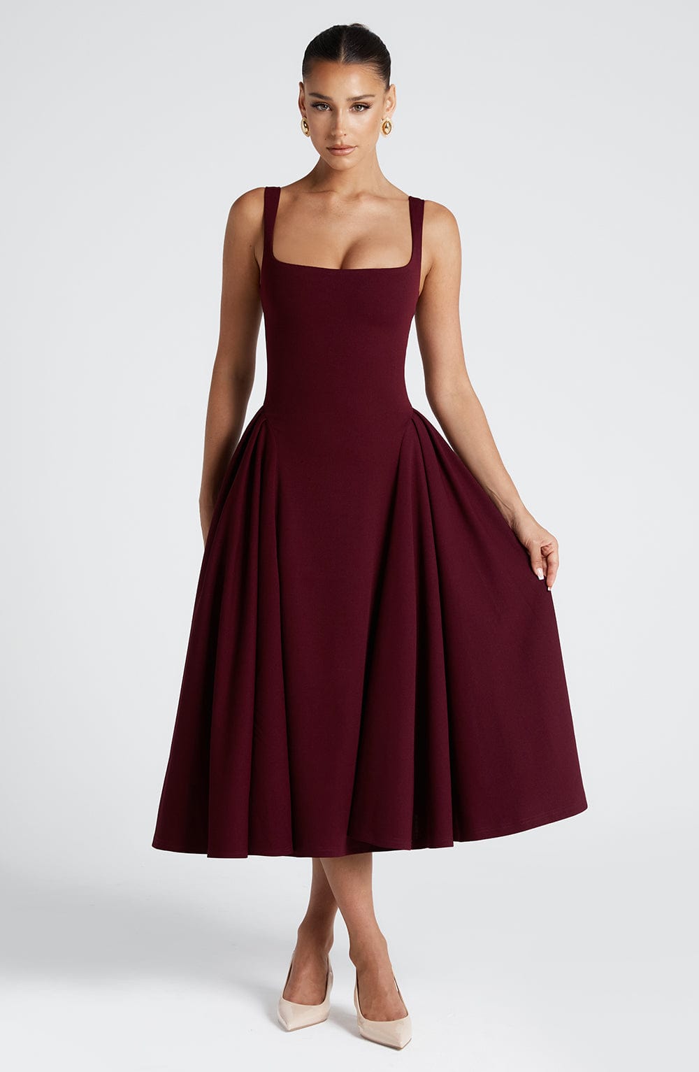 Midi Dress for Women - Elegant Square Neckline, Godet Skirt, Adjustable Straps | Cherry