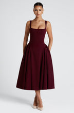 Midi Dress for Women - Elegant Square Neckline, Godet Skirt, Adjustable Straps | Cherry
