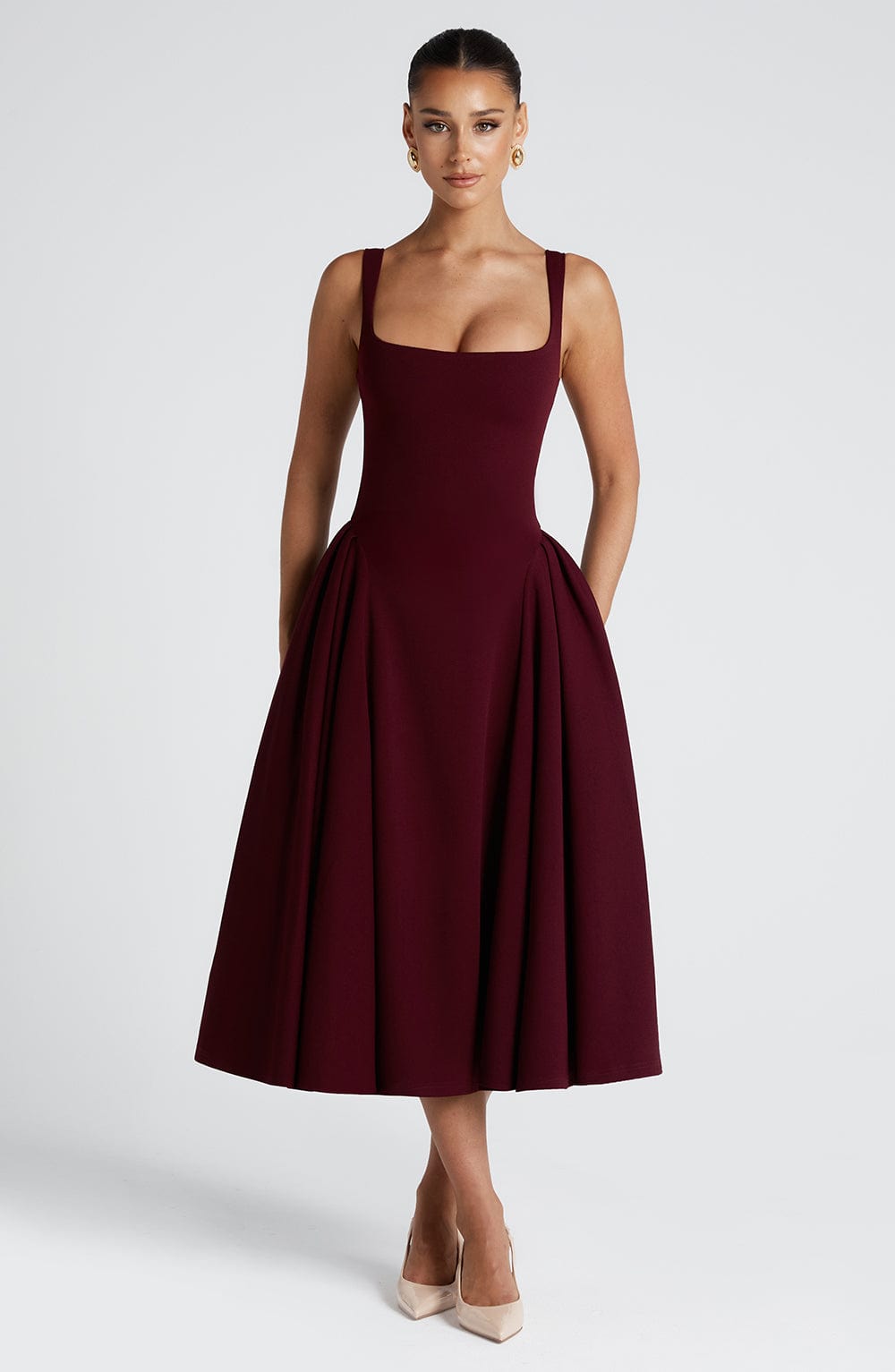 Midi Dress for Women - Elegant Square Neckline, Godet Skirt, Adjustable Straps | Cherry