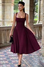 Midi Dress for Women - Elegant Square Neckline, Godet Skirt, Adjustable Straps | Cherry