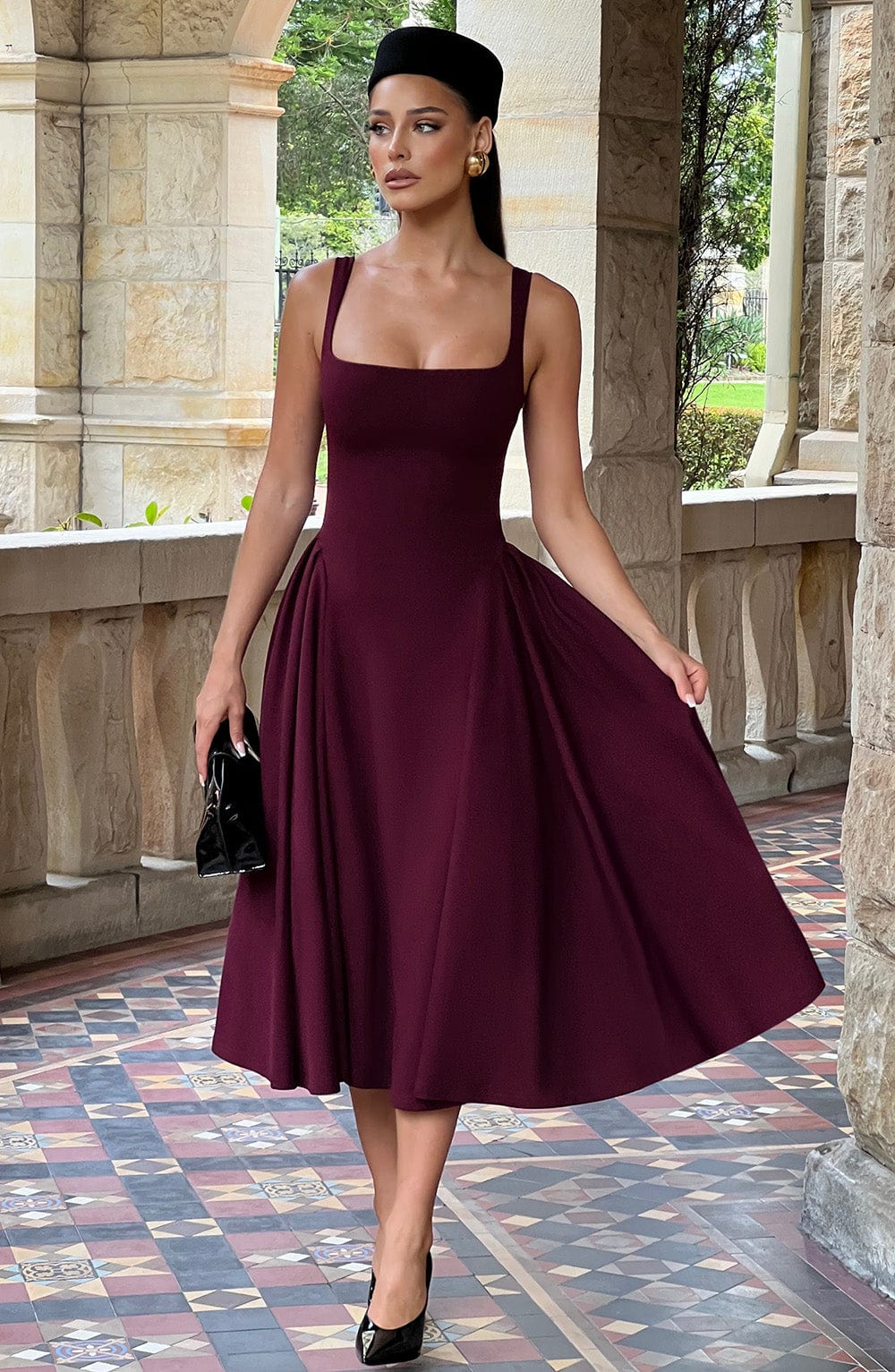 Midi Dress for Women - Elegant Square Neckline, Godet Skirt, Adjustable Straps | Cherry