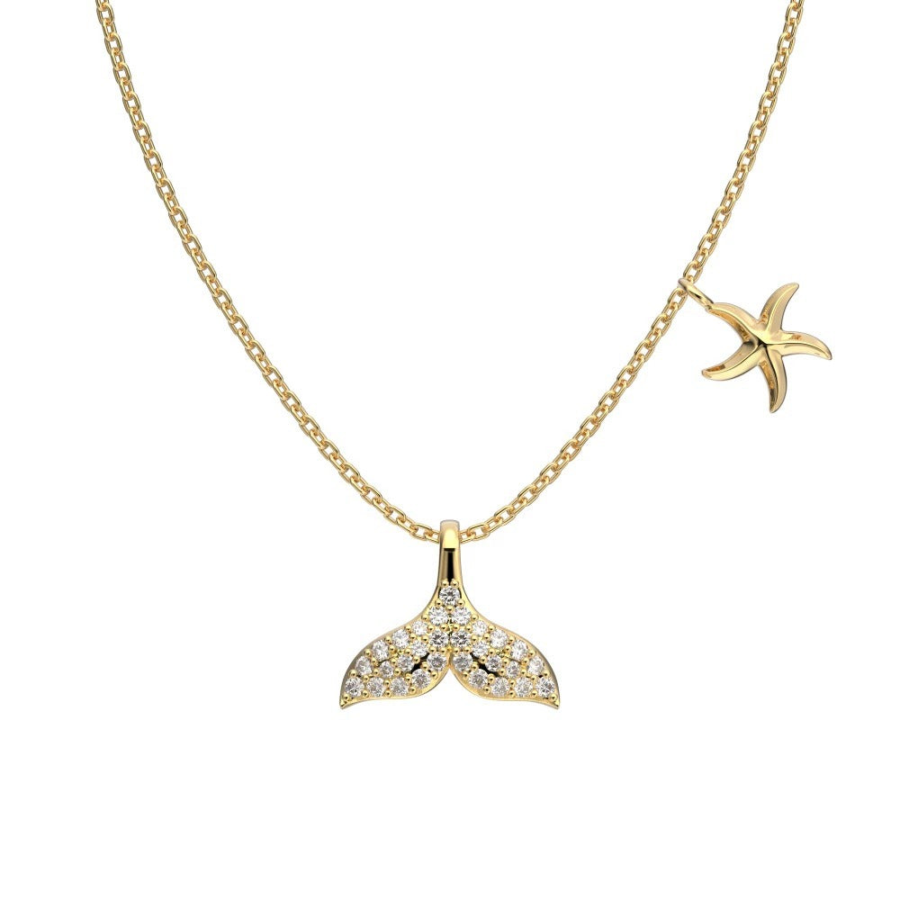 Dainty Ocean Spirit Necklace in 925 Sterling Silver with Pave CZ, Waterproof & Adjustable Gold