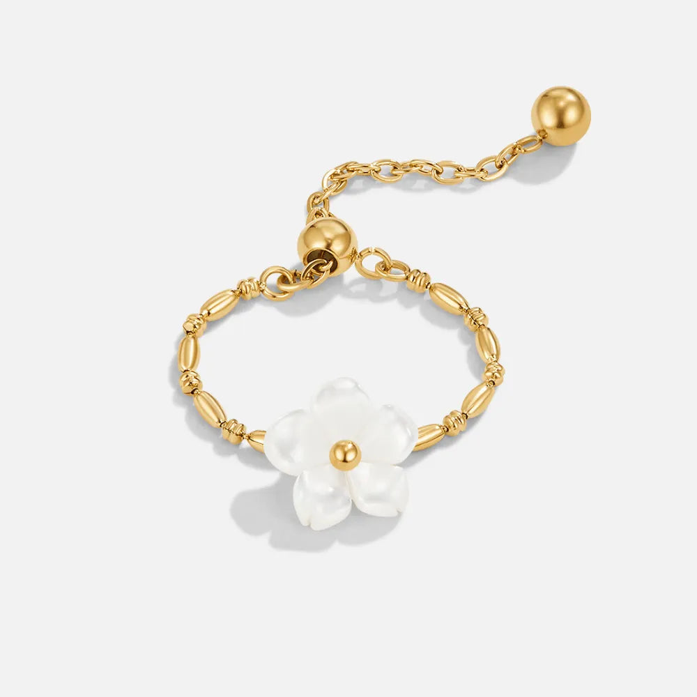 Delicate Gold Pearl Blossom Chain Ring - Waterproof, Hypoallergenic, Adjustable, Gift-Ready