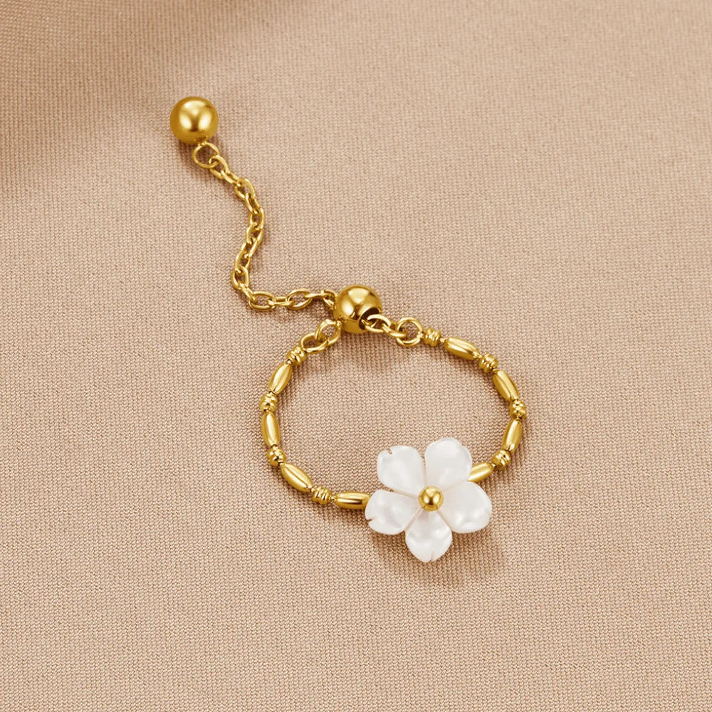 Delicate Gold Pearl Blossom Chain Ring - Waterproof, Hypoallergenic, Adjustable, Gift-Ready