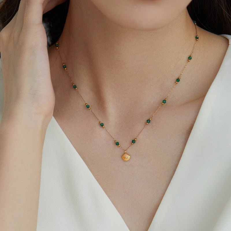 Delicate Gold Shell & Green Beads Necklace - Waterproof, Hypoallergenic, Adjustable 40cm+5cm
