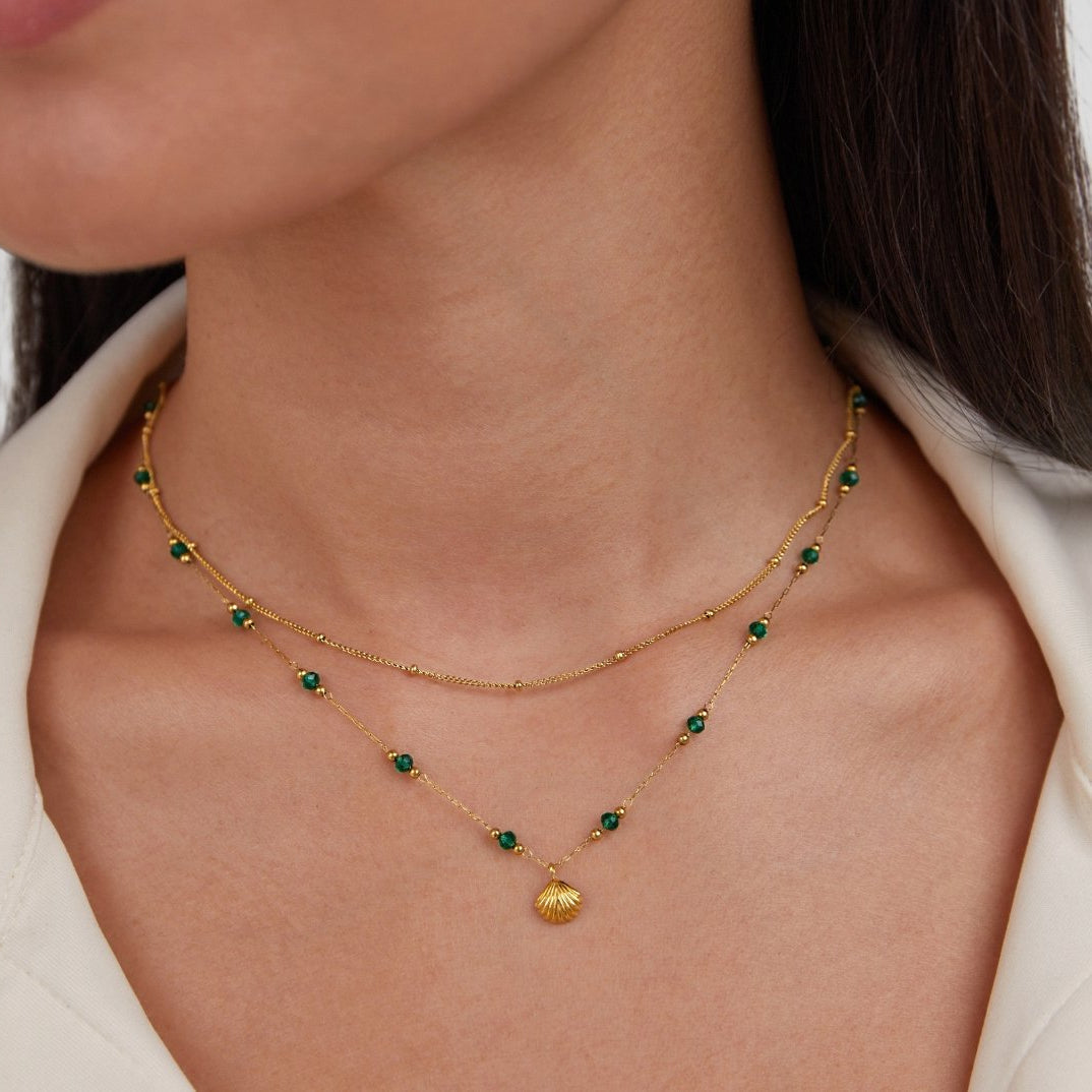Delicate Gold Shell & Green Beads Necklace - Waterproof, Hypoallergenic, Adjustable 40cm+5cm