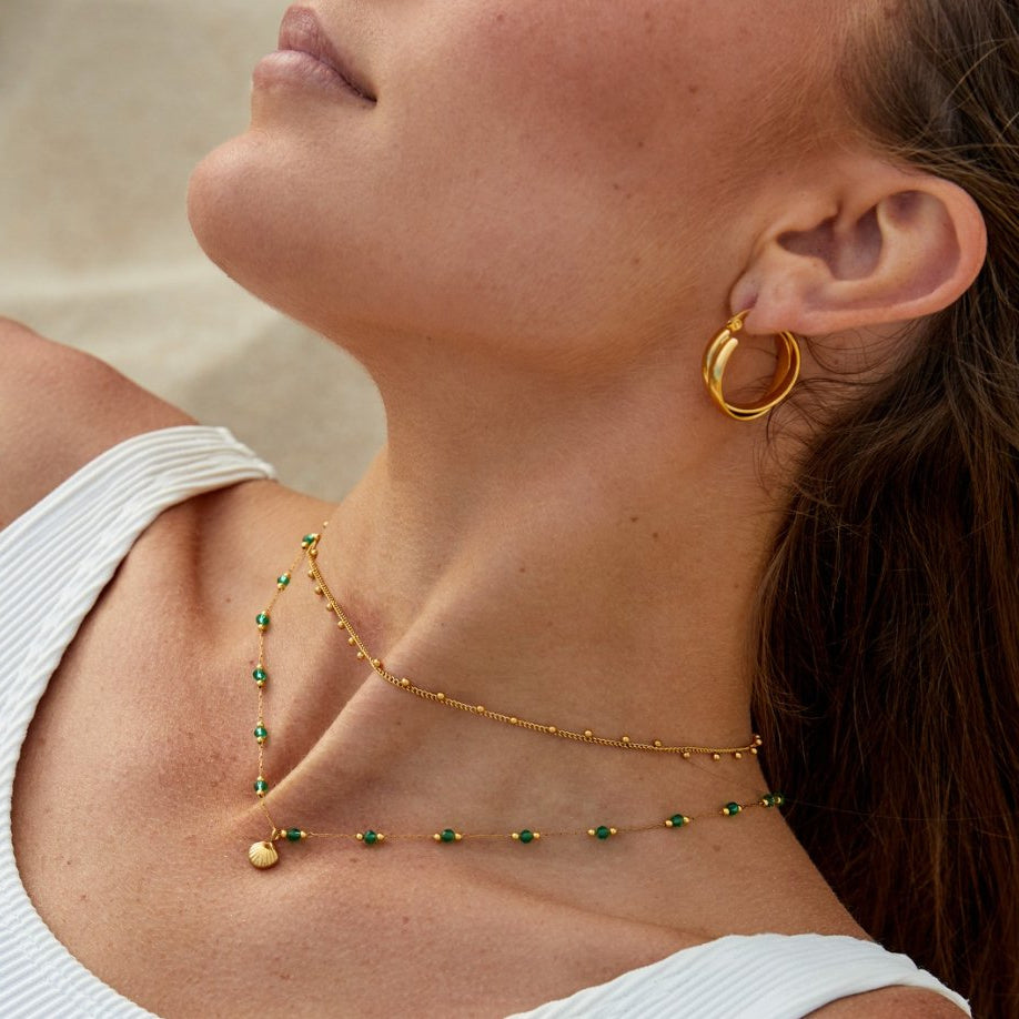 Delicate Gold Shell & Green Beads Necklace - Waterproof, Hypoallergenic, Adjustable 40cm+5cm
