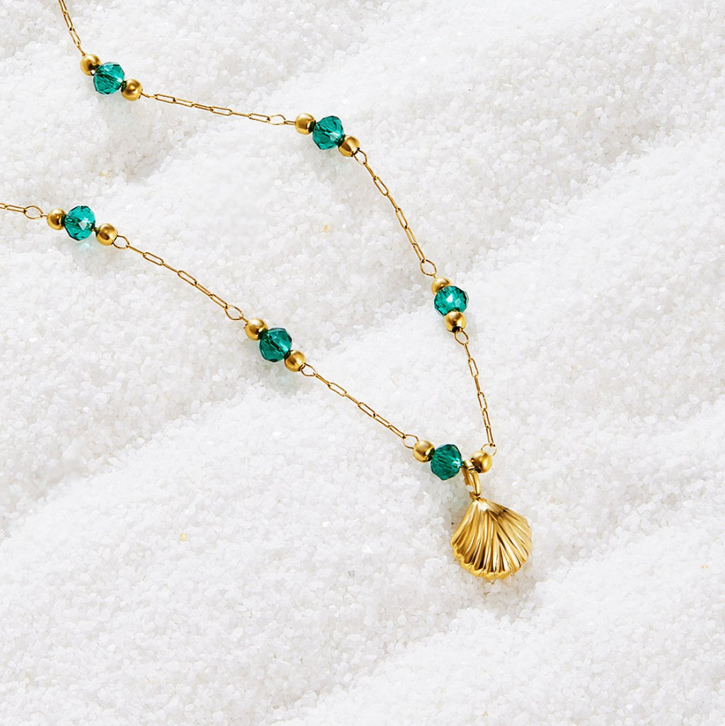 Delicate Gold Shell & Green Beads Necklace - Waterproof, Hypoallergenic, Adjustable 40cm+5cm