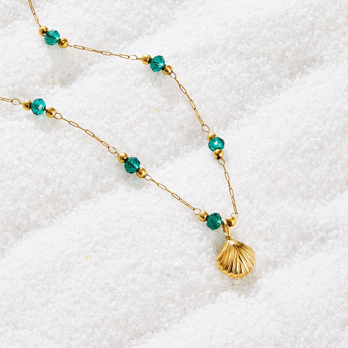 Delicate Gold Shell & Green Beads Necklace - Waterproof, Hypoallergenic, Adjustable 40cm+5cm