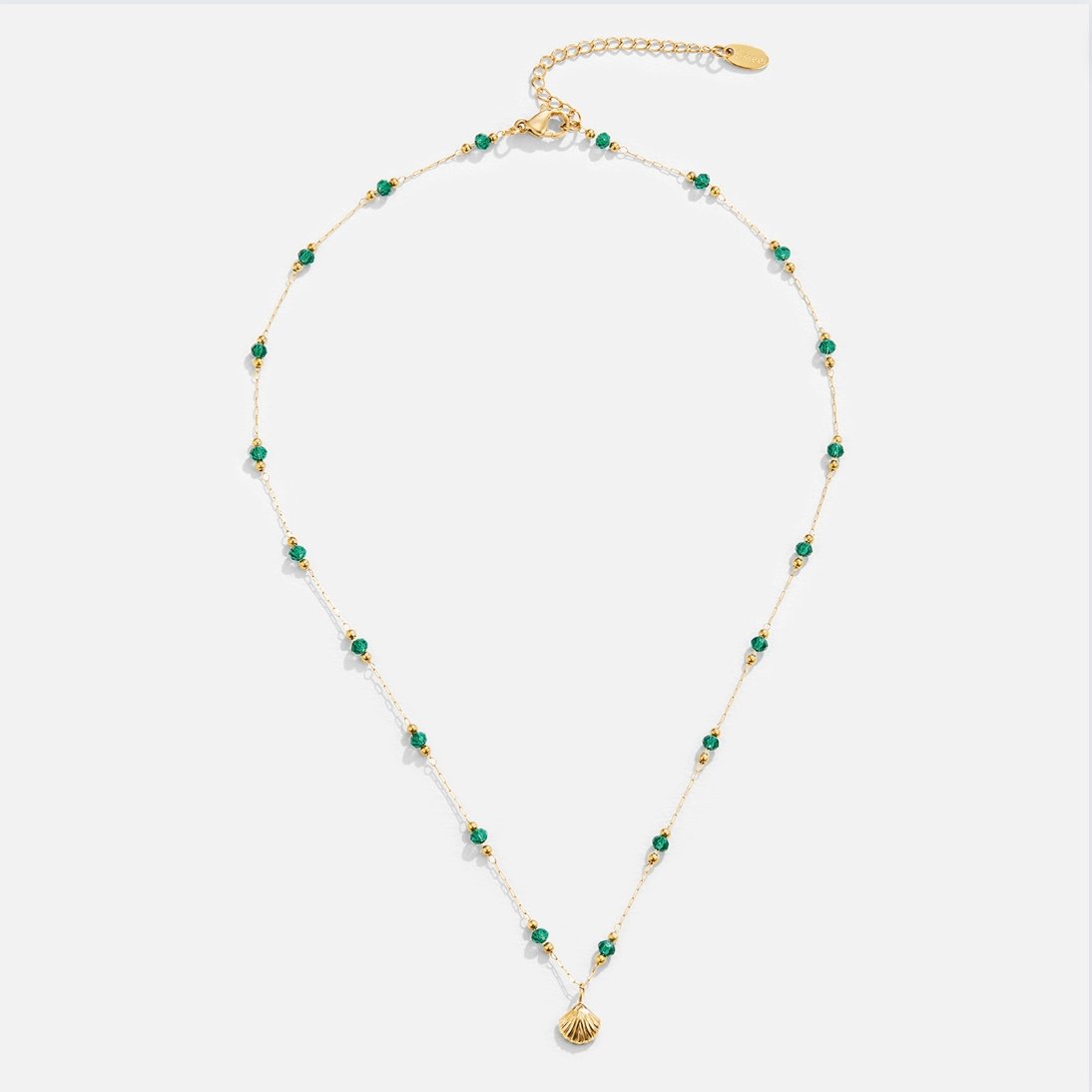 Delicate Gold Shell & Green Beads Necklace - Waterproof, Hypoallergenic, Adjustable 40cm+5cm